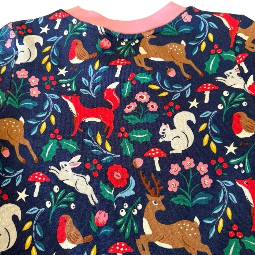Mini Boden | Woodland Animal Dress Navy Fox Deer Print Long Sleeve | Girls 9-10Y